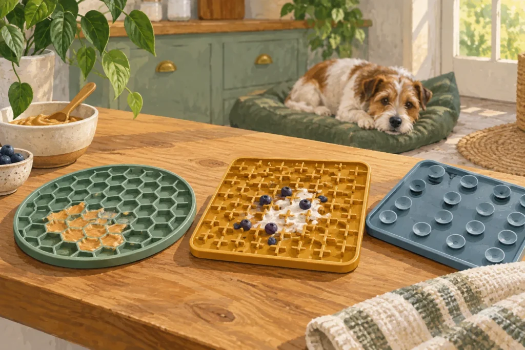 Illustration of three textured dog lick mats, including one showing its suction-cup underside.