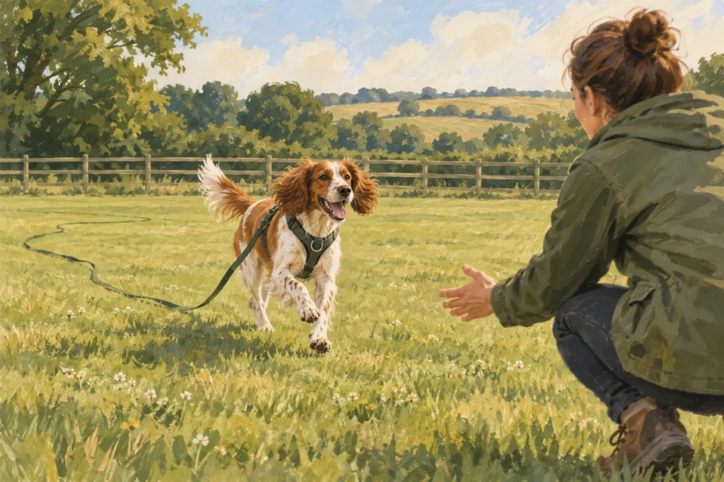 Illustration: A dog practising recall with its owner in a broad quiet enclosed field, wearing a body harness and a loosely trailing long training line on short grass.
