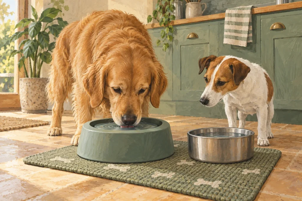 Illustration: A generic broad low-profile no-spill dog water bowl on a washable kitchen mat, beside a standard open bowl for a quiet visual comparison.