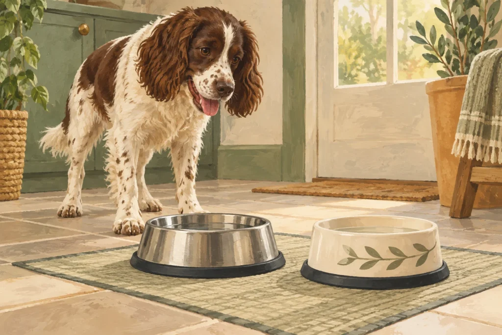 Illustration: Two generic dog bowls shown with visible broad rubber bases on a clean tiled floor mat, one stainless and one plain ceramic.