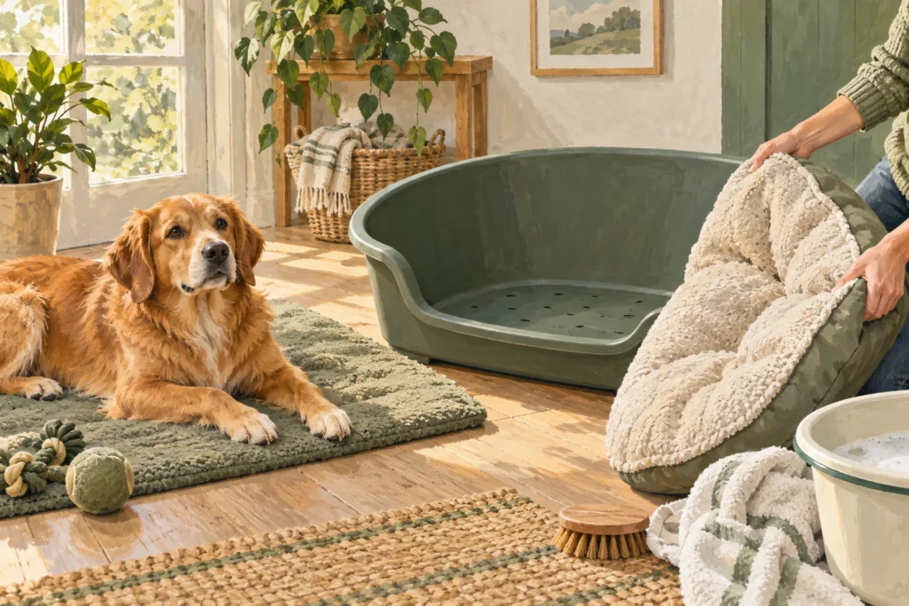 Illustration: An unbranded rigid plastic dog bed with a separate soft cushion lifted out beside it for cleaning, with a relaxed dog on a nearby mat.