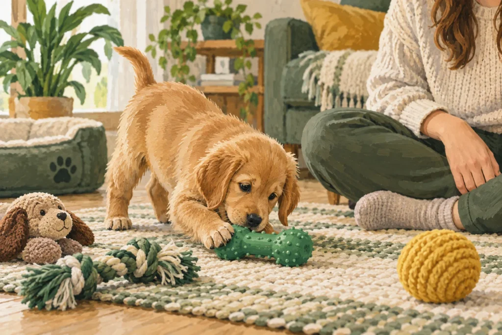 Illustration: A puppy gently investigating an appropriately sized soft rubber teething toy while an adult sits nearby.