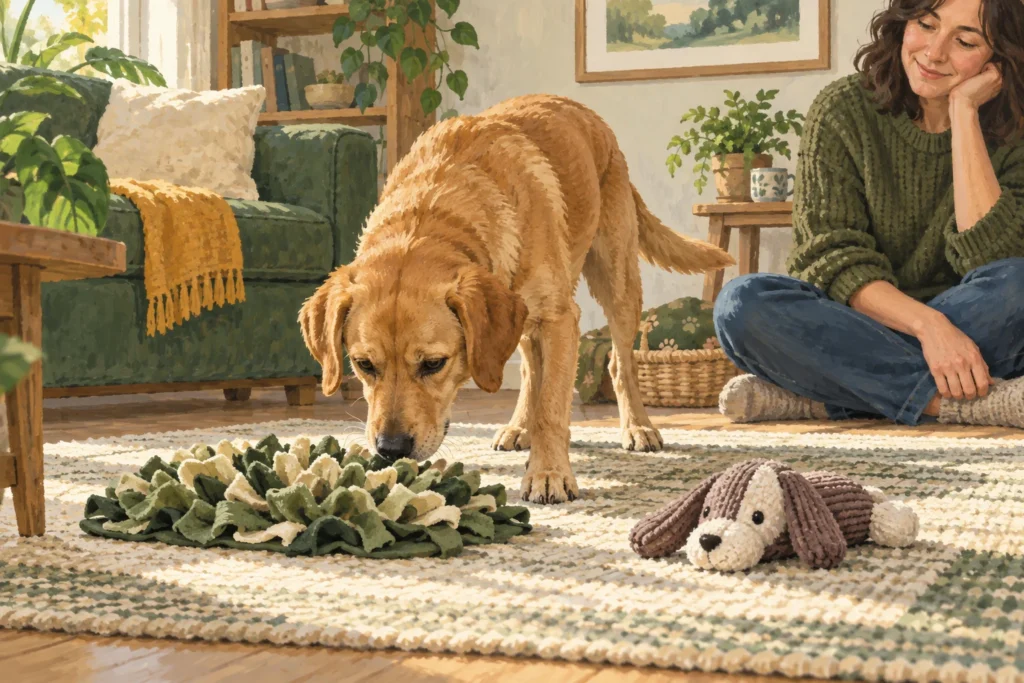 Illustration: A calm dog choosing between a plain fabric snuffle mat and a soft non-squeaking toy in a peaceful living room.