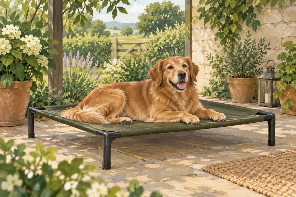 Illustration: An adult dog lying comfortably on a low, roomy raised mesh dog bed in a shaded garden patio.