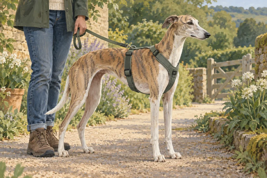 Illustration: A calm slim sighthound in a generic well-fitted long-body walking harness, standing side-on beside its owner on a quiet garden path.