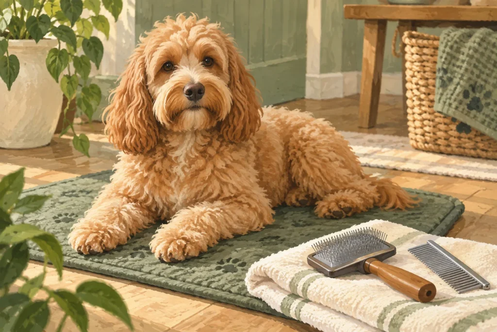 Illustration: A well-groomed apricot Cockapoo resting on a nonslip mat while a slicker brush and metal comb lie nearby on a towel.