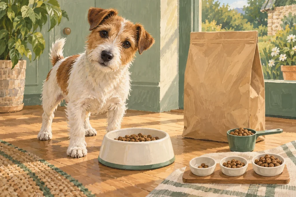 Illustration: A small adult terrier beside a clean bowl containing suitably small dry kibble, with a modest plain food bag and measuring scoop nearby.