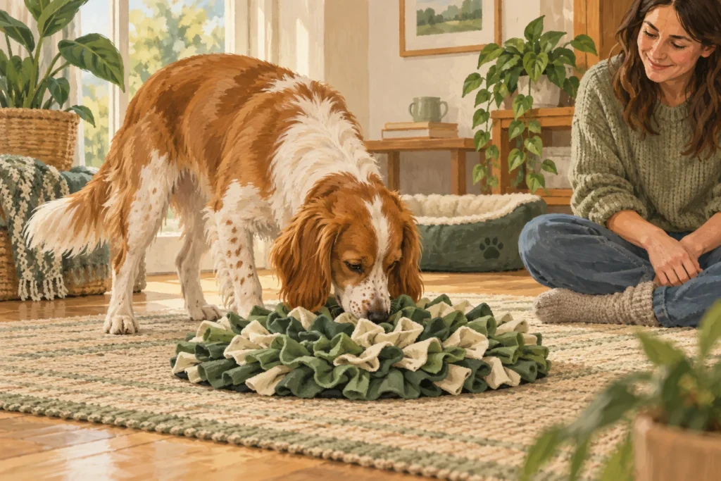 Illustration: A curious adult dog calmly sniffing a generic fabric snuffle mat with broad fleece folds under nearby adult supervision.