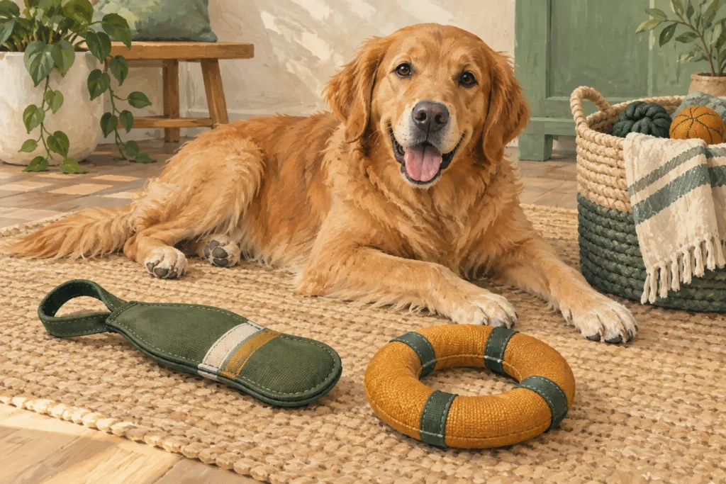 Illustration: Two simple stuffing-free fabric dog toys laid flat on a mat beside a relaxed dog and a storage basket.