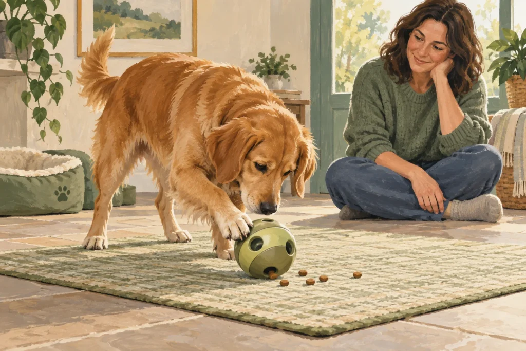 Illustration: A calm adult dog nudging an appropriately sized generic treat-dispensing ball on a washable mat while an adult supervises nearby.
