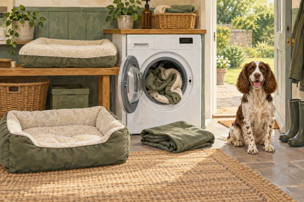 Illustration of a washable dog-bed cover and separate cushion beside a washing machine.