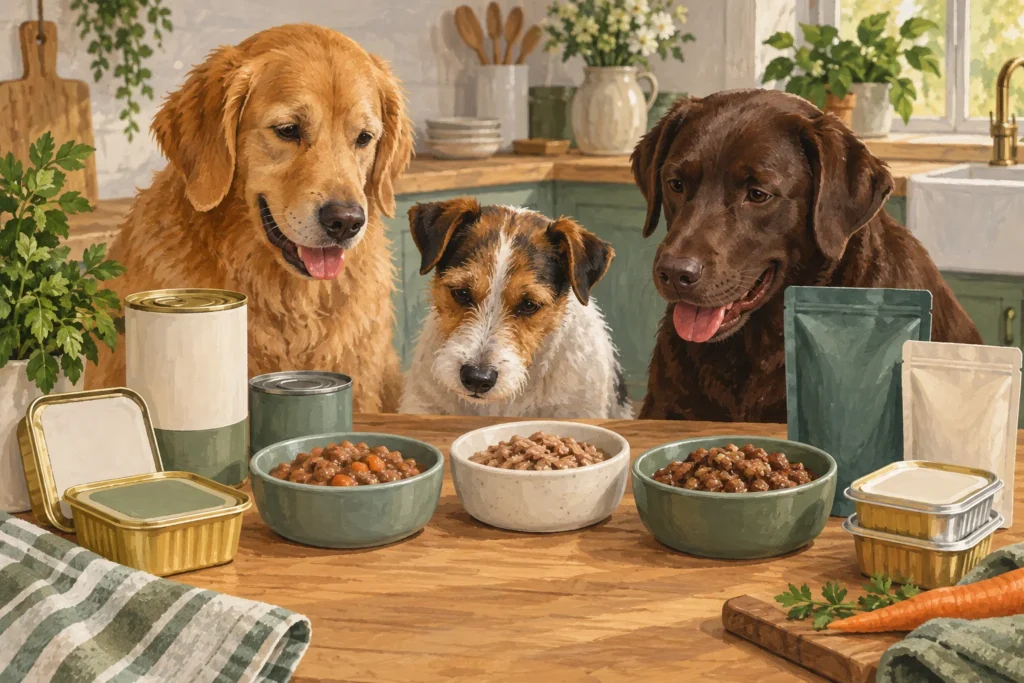 Illustration: A clean still-life of generic dog-food tins, trays and pouches with modest portions of wet dog food in three small bowls.