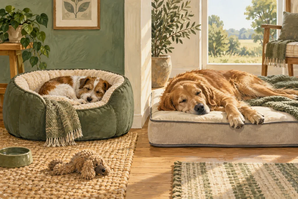 Illustration: A split-room composition showing a curled small dog resting in a bolster bed and a larger dog stretched comfortably on a flat mattress.