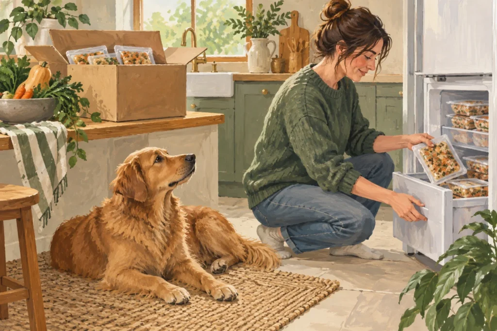 Illustration: A conceptual cooked-dog-food subscription scene with a plain delivery box, unbranded portion packs being placed into a freezer and a relaxed dog nearby.