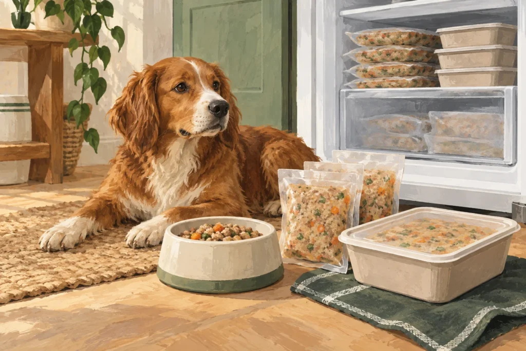 Illustration: Two generic cooked-dog-food delivery formats arranged near a freezer: plain portion packs and a plain lidded meal tray, with a dog's bowl and a relaxed adult dog nearby.