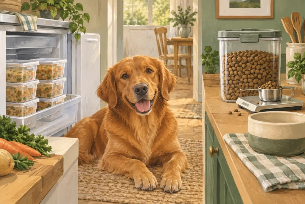 Illustration comparing freezer-stored cooked dog meals with a dry-food portioning setup.