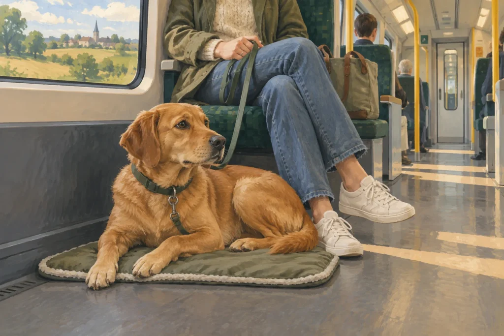 Illustration: A calm dog lying comfortably on a travel mat at its owner's feet inside a quiet modern British train carriage.