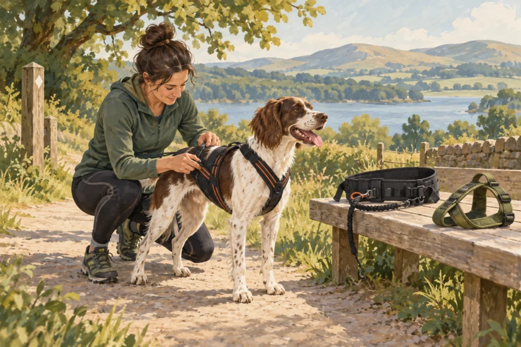 Illustration: An adult and dog preparing for canicross on a wide level trail, with a purpose-style generic pulling harness and belt laid separately on a bench beside an everyday walking harness.