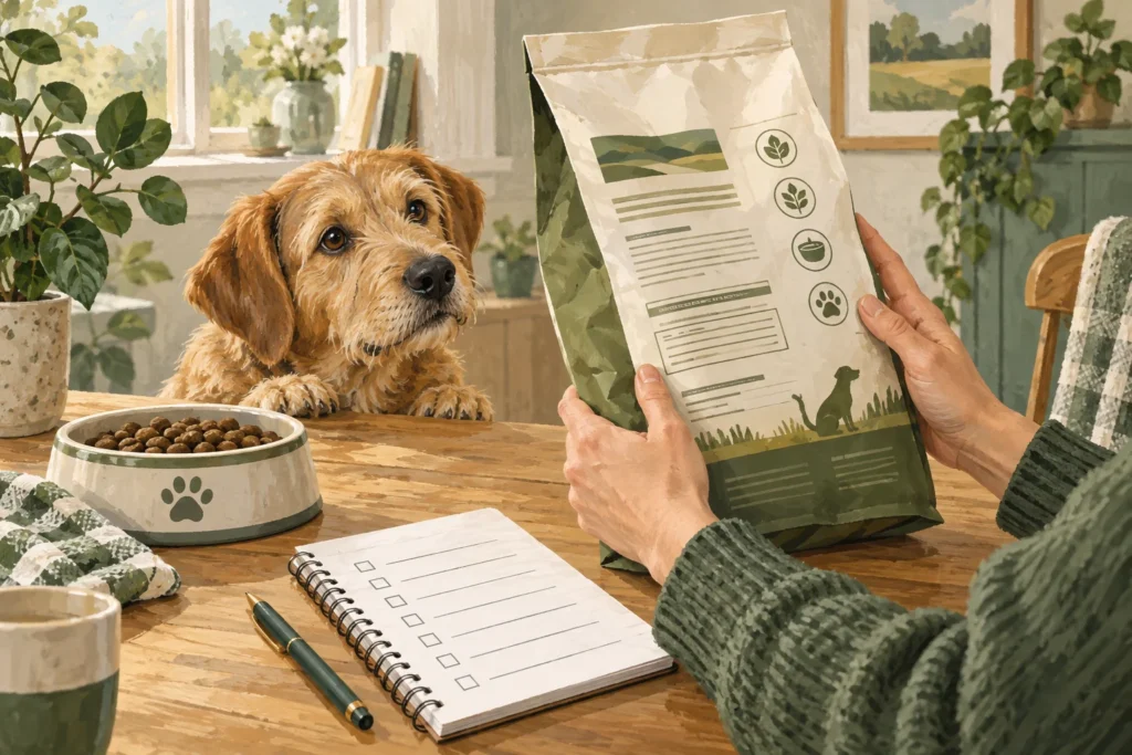 Illustration: An owner's hands reading the abstract back-label panels of a plain dog-food bag beside a bowl and a blank ingredient checklist.