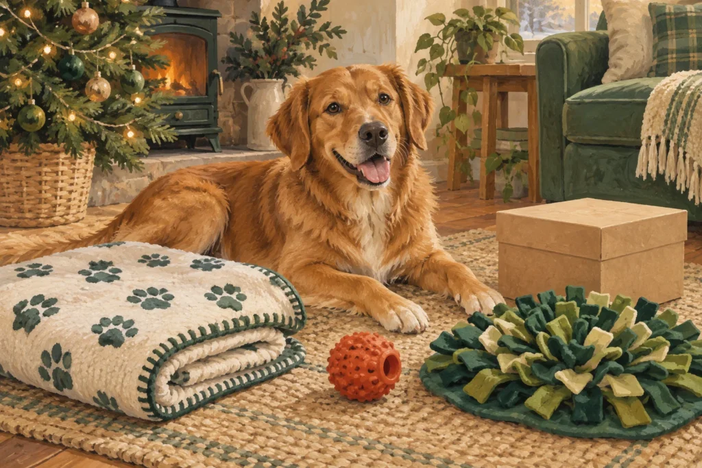 Illustration: A cosy dog Christmas gift selection arranged beside a relaxed dog: a washable blanket, a simple rubber toy, a sniffing mat and a plain paper gift box.