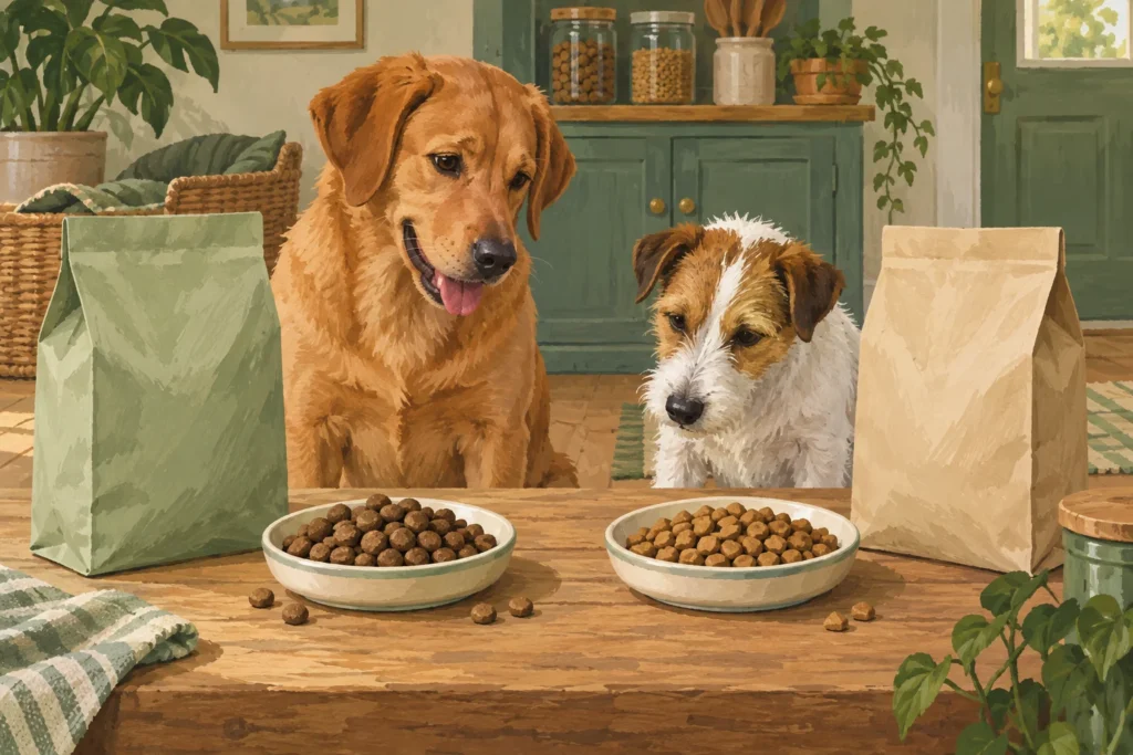 Illustration: Two modest portions of generic dry dog food with slightly different shapes on matching plates, alongside two plain unbranded food bags.
