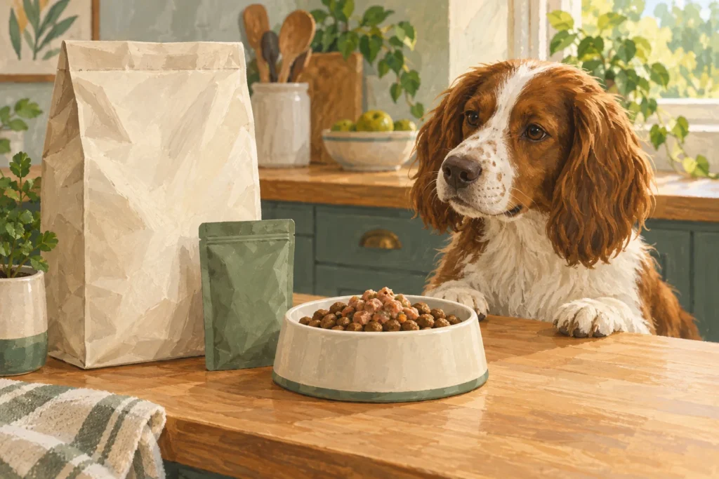 Illustration: A plain bag of complete dog food beside a small plain topper pouch and a bowl on a kitchen counter, using distinct pack sizes to suggest a main meal and a small addition.