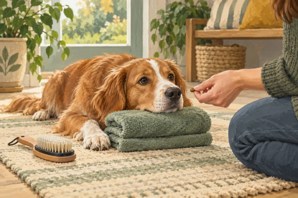 Illustration: A calm dog voluntarily resting its chin on a folded towel while an adult offers a tiny reward and a soft brush sits unused nearby.