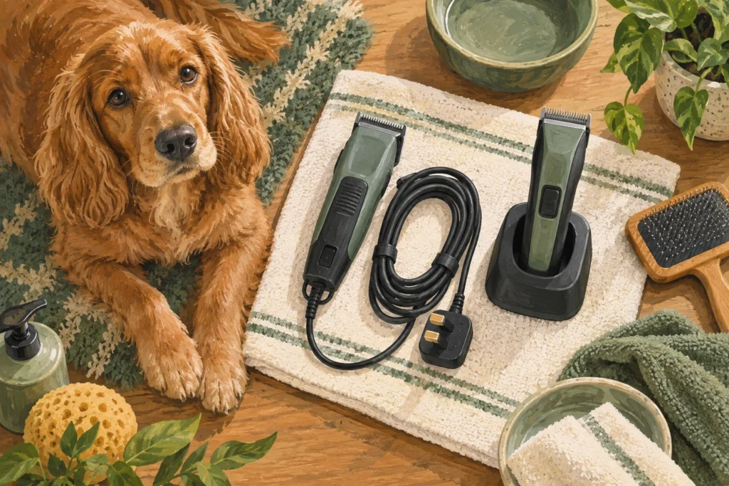 Illustration: An overhead arrangement of a generic corded dog clipper with its cable neatly coiled and a separate cordless clipper on its charging stand.