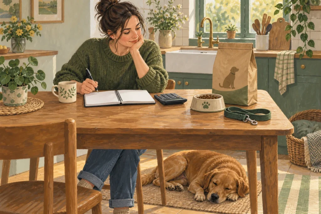 Illustration: An owner planning dog expenses at a kitchen table with a blank notebook, calculator, plain food bag and folded lead, while a dog sleeps under the table.