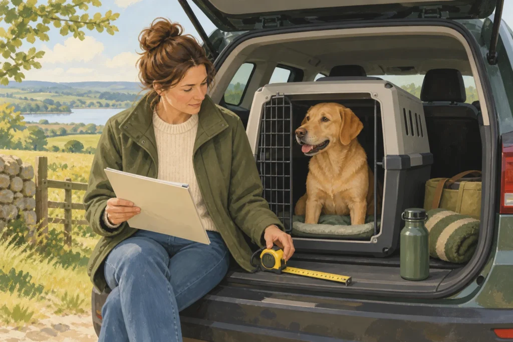 Illustration: A sturdy generic dog travel crate in an open parked car boot, beside an owner reviewing a blank document folder and a measuring tape.