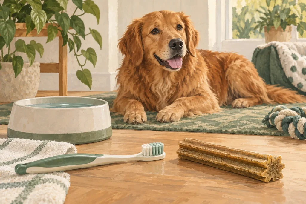 Illustration: A dog's soft toothbrush and a generic dental chew arranged as distinct items beside a clean water bowl, with a calm dog in the background.
