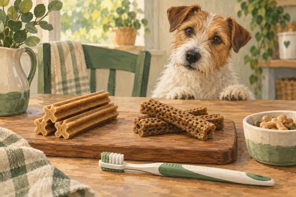 Illustration of two types of dog dental chews beside a toothbrush.