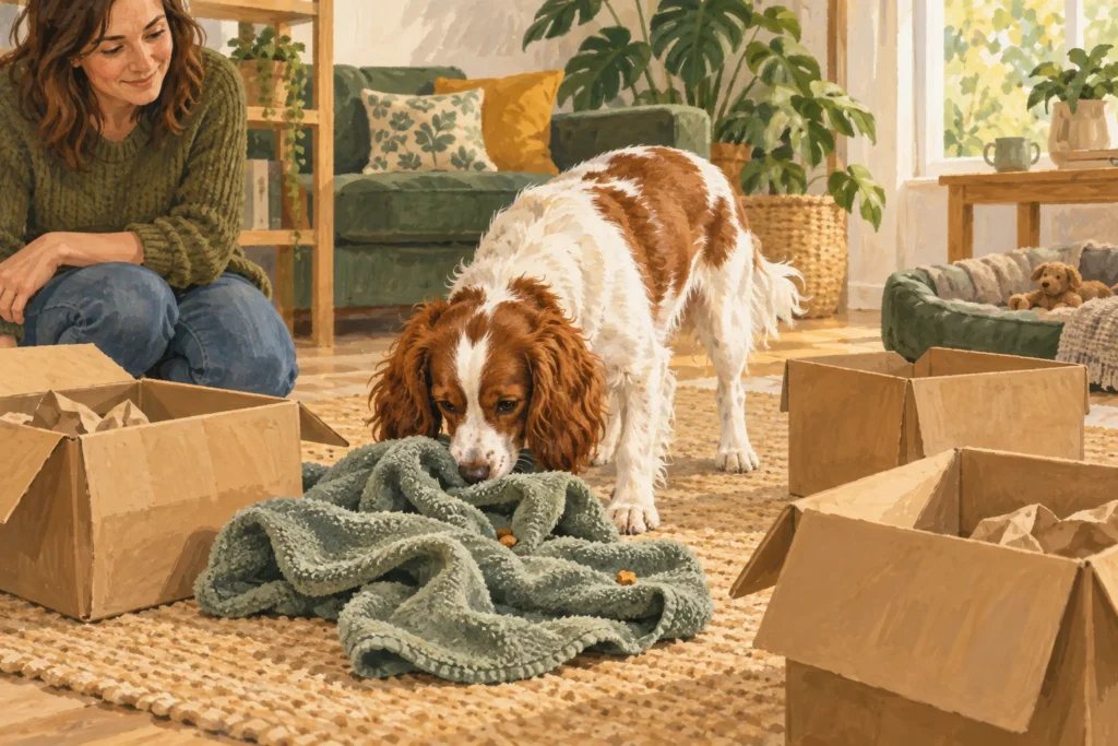 Illustration: A calm dog investigating a simple supervised enrichment setup of open cardboard boxes and a loosely folded towel containing a few tiny food rewards.