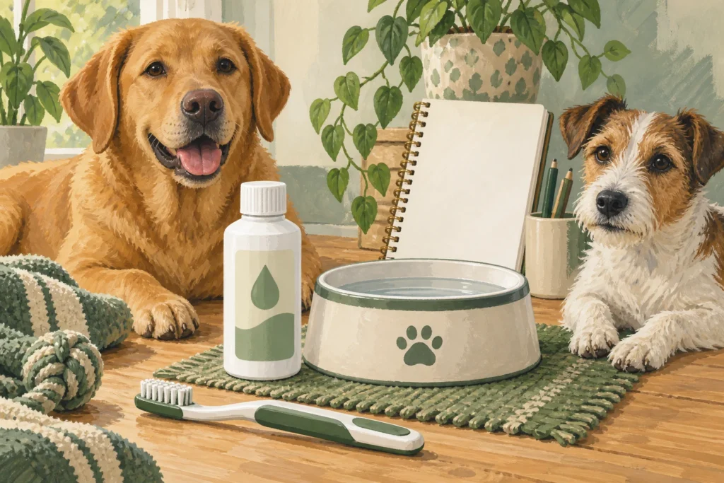 Illustration: A plain pet dental-water additive bottle beside a clean water bowl and a dog toothbrush, with a blank vet-question notebook behind.