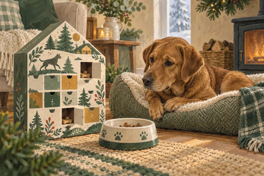 Illustration of a dog-treat advent calendar and a small portion of treats beside a resting dog.