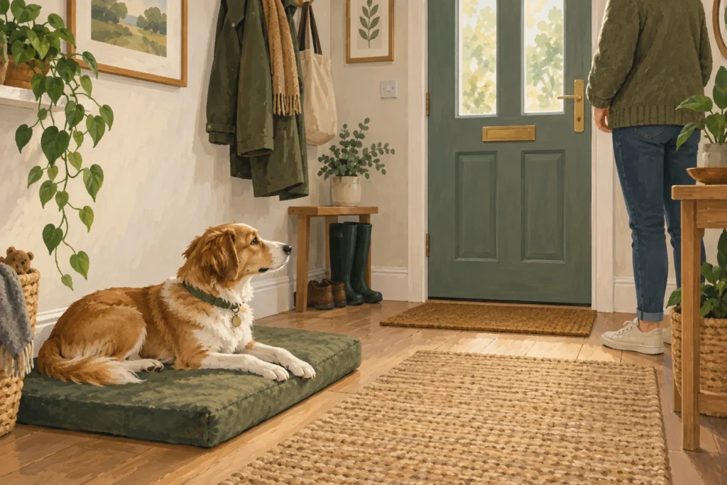 Illustration: An adult dog calmly resting on a mat well back from a closed front door while an owner stands near the entrance.
