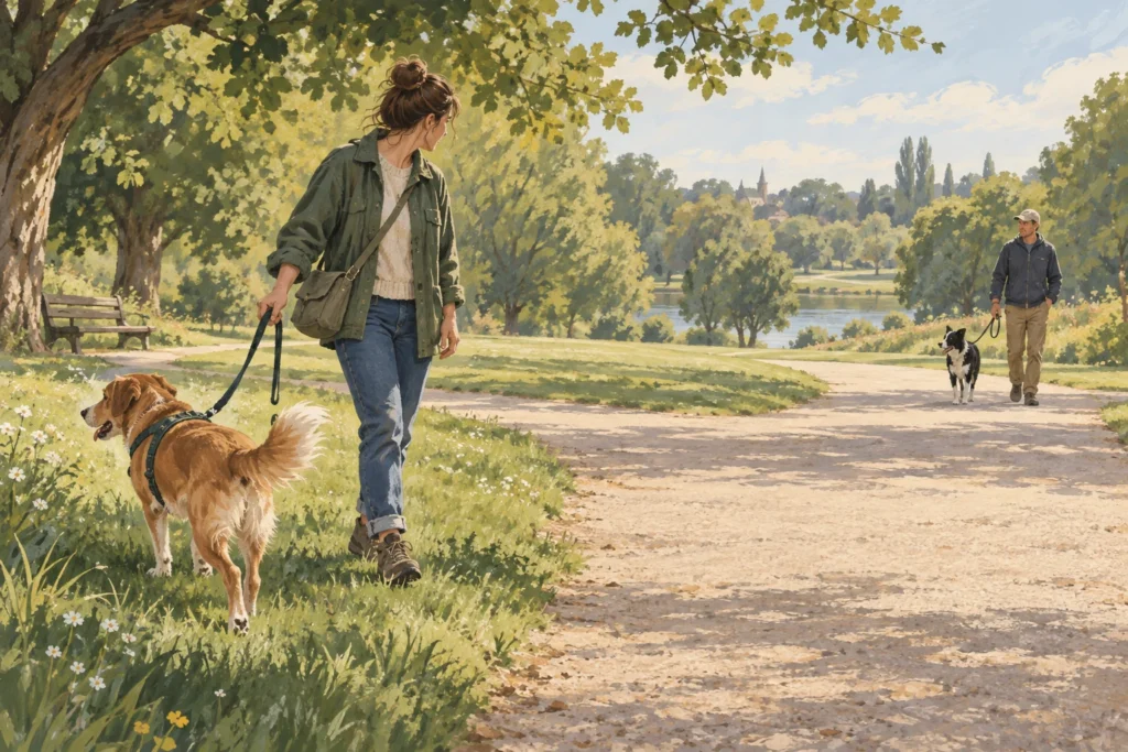 Illustration: Two dog-and-owner pairs on a broad quiet park path with a generous distance between them; the nearer owner calmly turns their dog towards a wider grassy route.