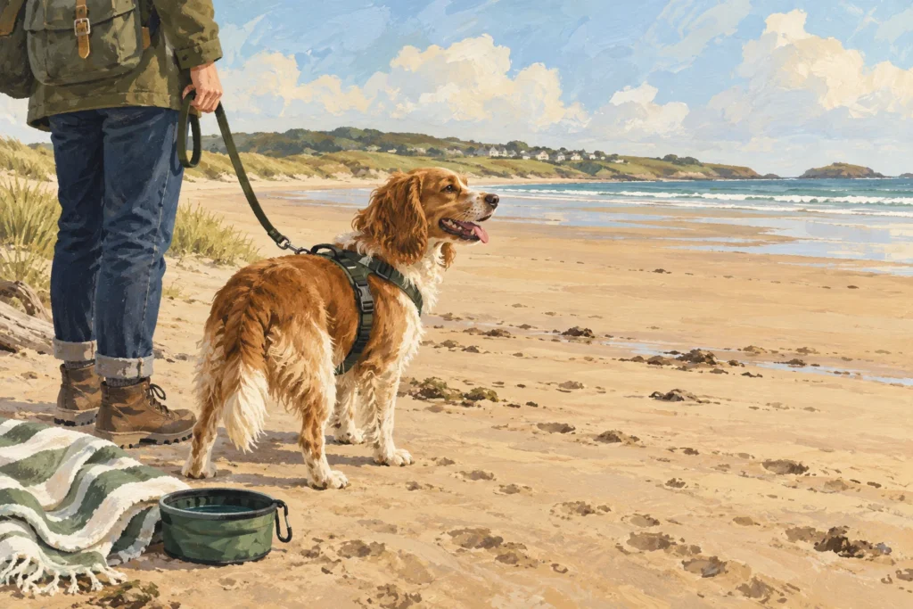 Illustration: A dog on a loose body-harness lead beside its owner on a broad quiet British beach with the shoreline well away, plus a travel water bowl and towel.