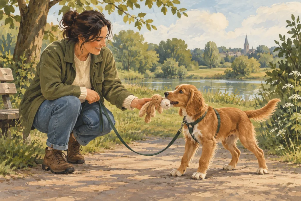 Illustration: An owner pausing calmly with a young dog on a loose lead at the edge of a quiet park, offering an appropriate soft toy instead of tugging the lead.