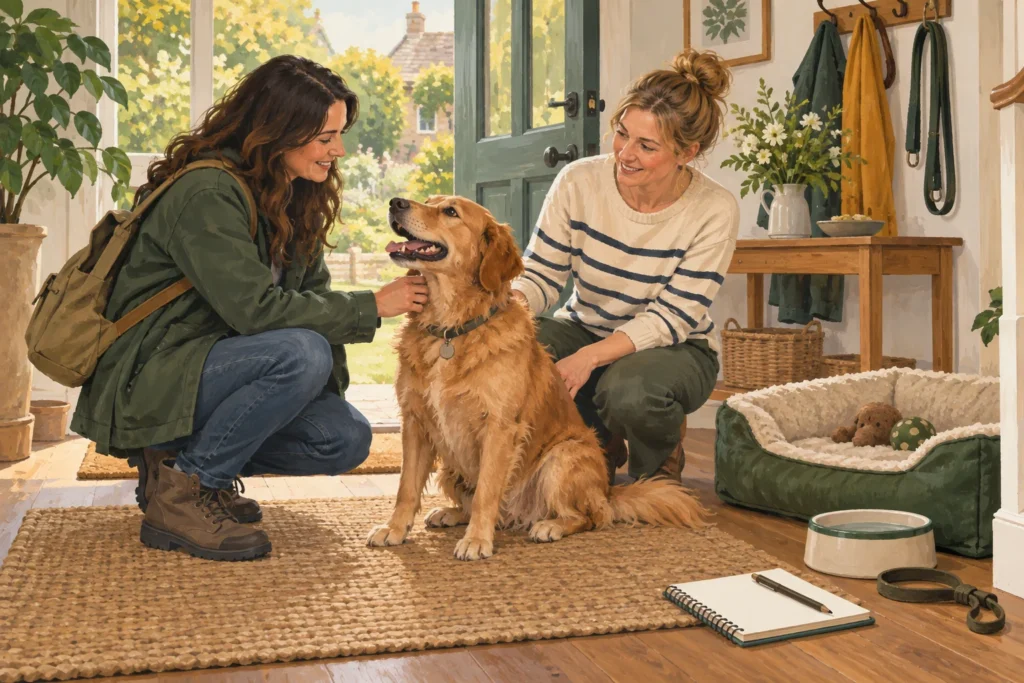 Illustration: A friendly adult dog sitter meeting an owner and relaxed dog in a spacious home entrance, with a clean dog bed, water bowl and blank care notebook visible.