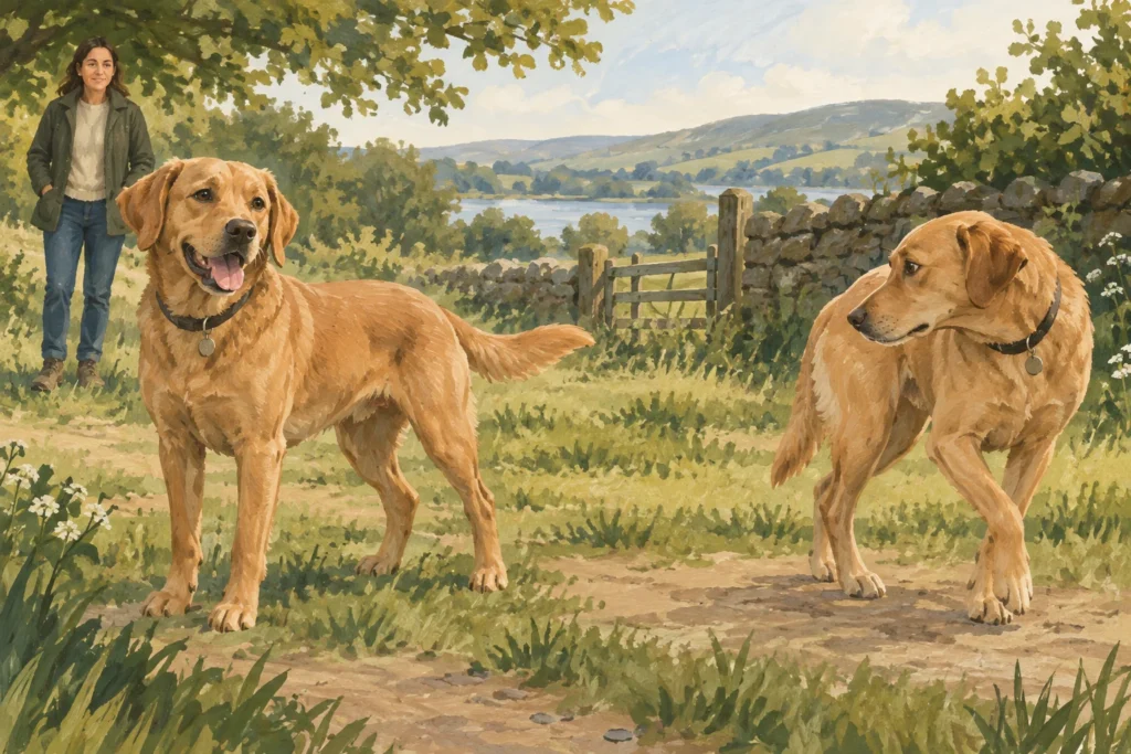 Illustration: Two gently illustrated separate views of a dog: one with loose relaxed posture and another turning its head away slightly with space to retreat.