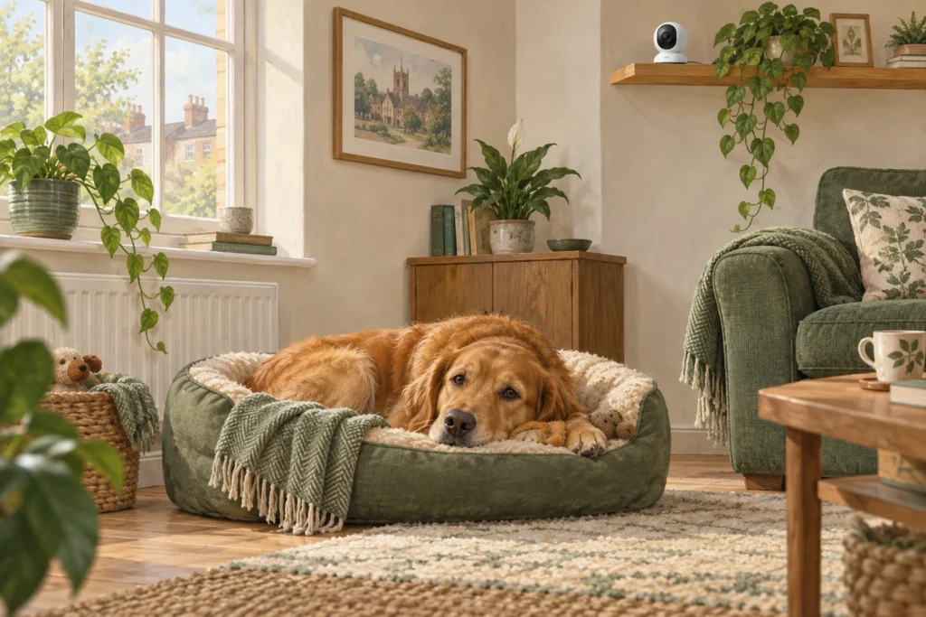 Illustration of a golden dog resting on a bed with an indoor camera on a high shelf.