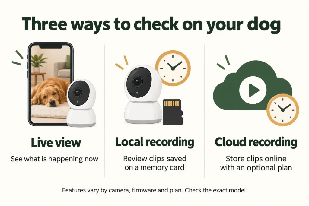 Live view shows your dog now; local recording saves clips to a memory card; cloud recording stores clips online with an optional plan. Features vary by model.