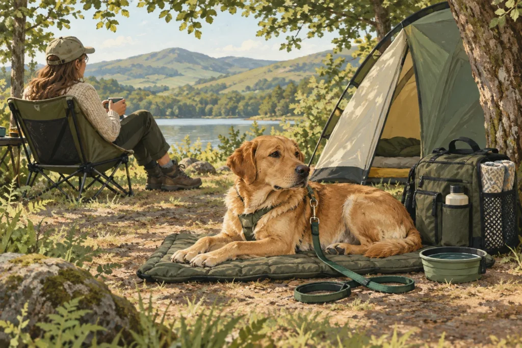Illustration: A calm dog relaxing beside a small tent in a shaded quiet campsite with a travel mat, water bowl, walking lead and organised dog bag.