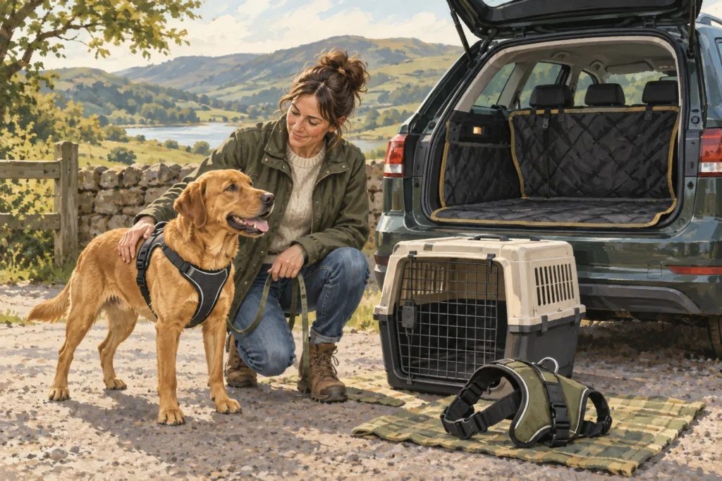 Illustration: A parked estate car beside a neatly arranged generic dog travel crate and body harness, its fitted boot guard visible through the open tailgate.