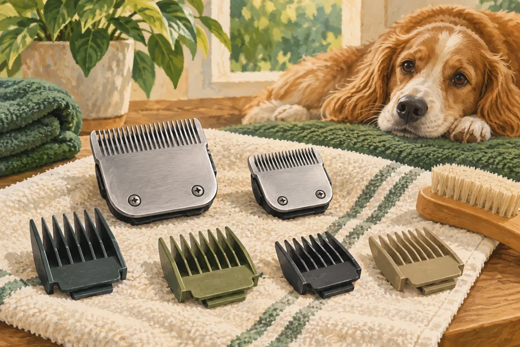 Illustration: A close, tidy still-life of generic detachable animal-clipper blades and compatible-looking plastic comb guards laid separately on a grooming towel.