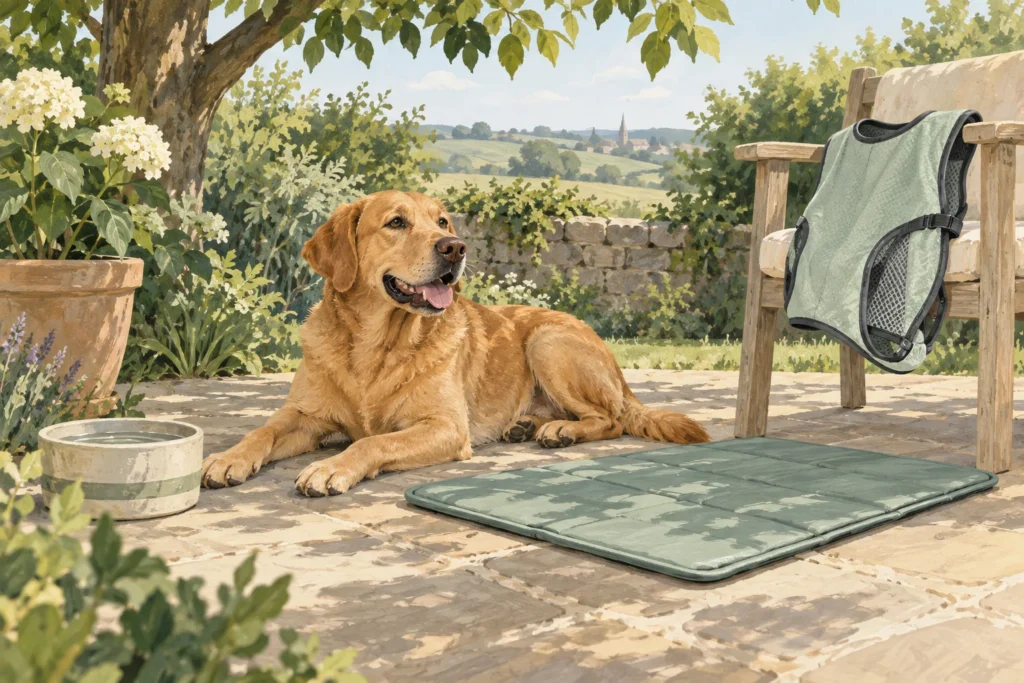 Illustration: A dog resting in shade beside two generic cooling products, a simple cooling mat and a light vest laid neatly over a chair.