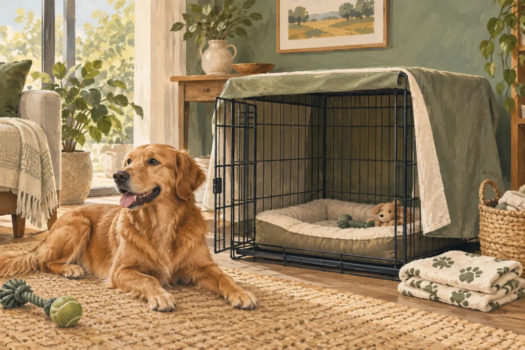 Illustration: A roomy open home dog crate with a lightweight cover draped over only its top and part of one side, leaving broad ventilation and doorway open.