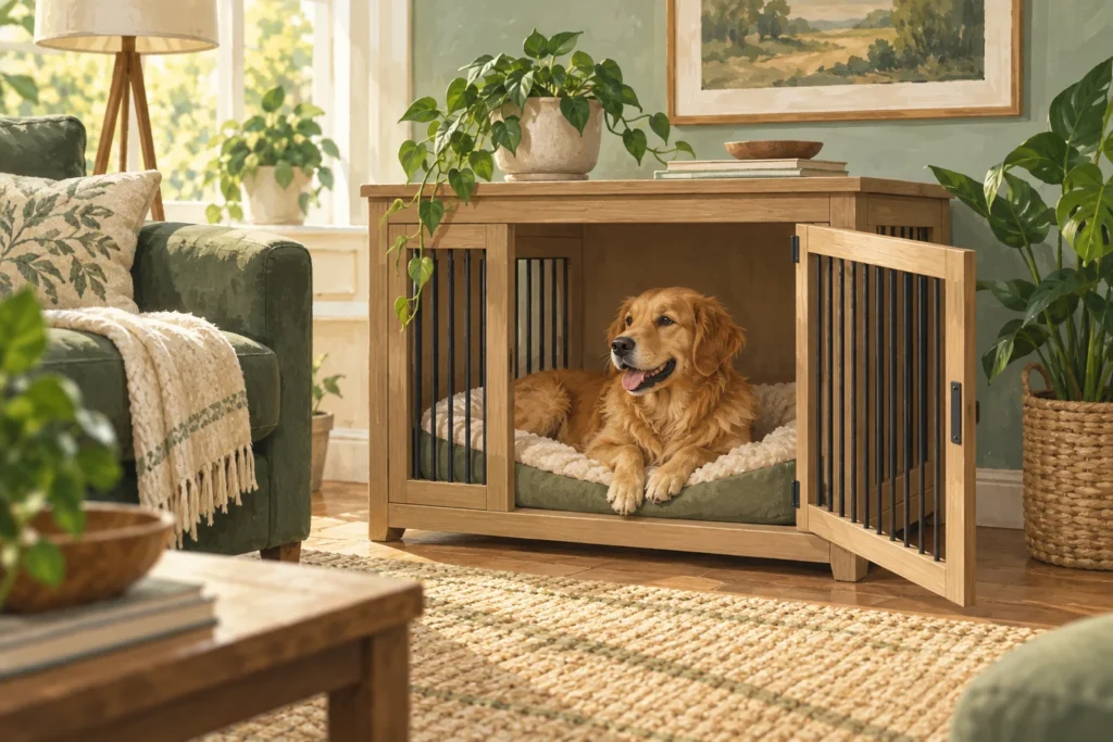Illustration: A roomy furniture-style dog crate that doubles as a simple side table in a living room, door fully open and a comfortable dog bed visible inside.