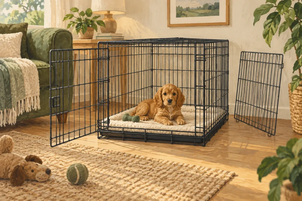 Illustration of an open puppy crate with a fitted mat and a removable divider beside it.